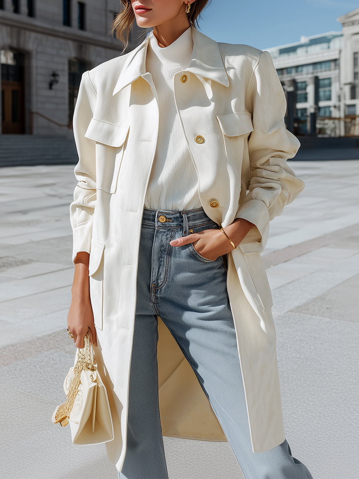 ElevenOra Chic Casual Faux Suede Lapel Single-breasted Multi-pocket Oversized Trench Coat