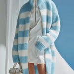 ElevenOra Chic Elegant Blue White Stripes Stand Collar Zipper-Front Long Sleeve Oversize Fuzzy Knit Mid-Length Cardigan
