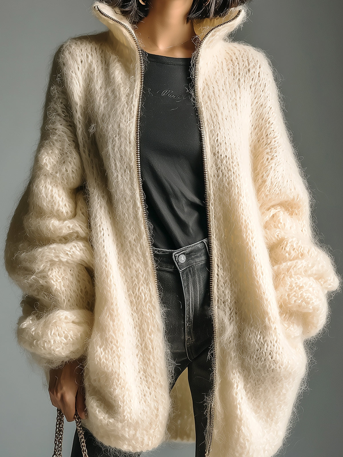 ElevenOra Chic Casual Cream White Stand Collar Zip-Up Fuzzy Lantern Sleeve Slouchy Knit Cardigan