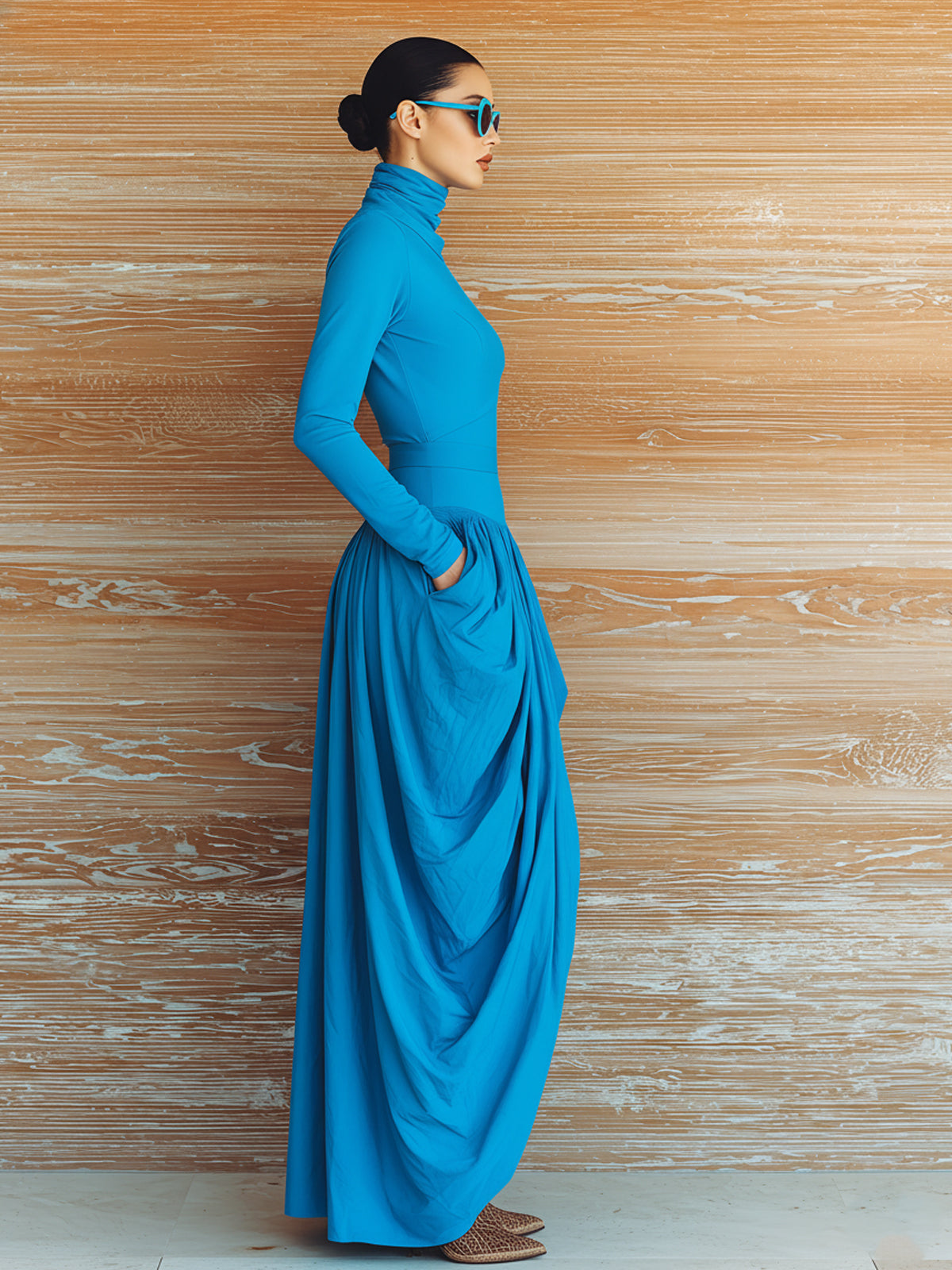 ElevenOra Chic Vintage Dark Blue Turtleneck Slim-Fit Long-Sleeve Top Ruched Irregular Hem Maxi Skirt Two-Piece Set