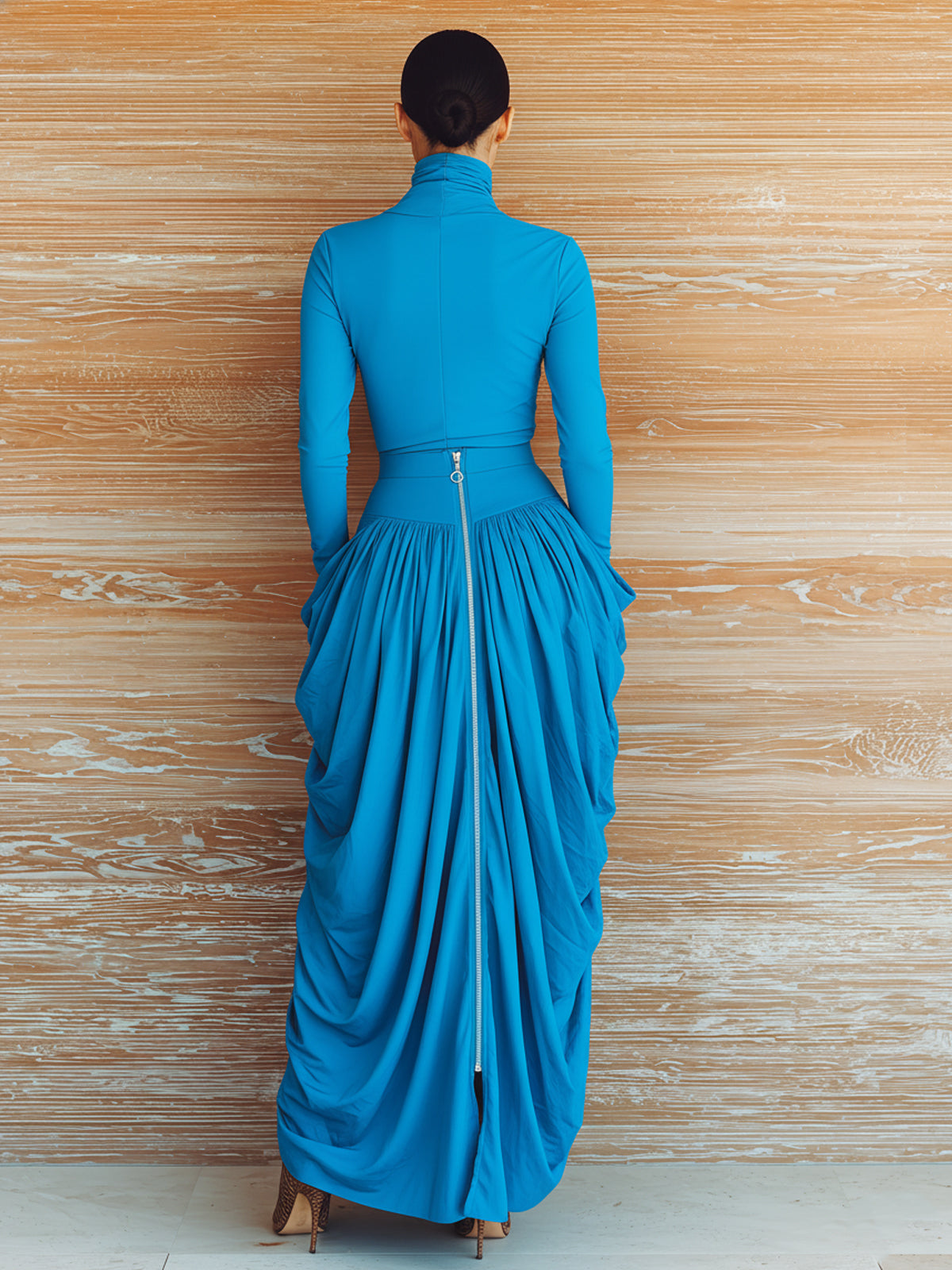 ElevenOra Chic Vintage Dark Blue Turtleneck Slim-Fit Long-Sleeve Top Ruched Irregular Hem Maxi Skirt Two-Piece Set