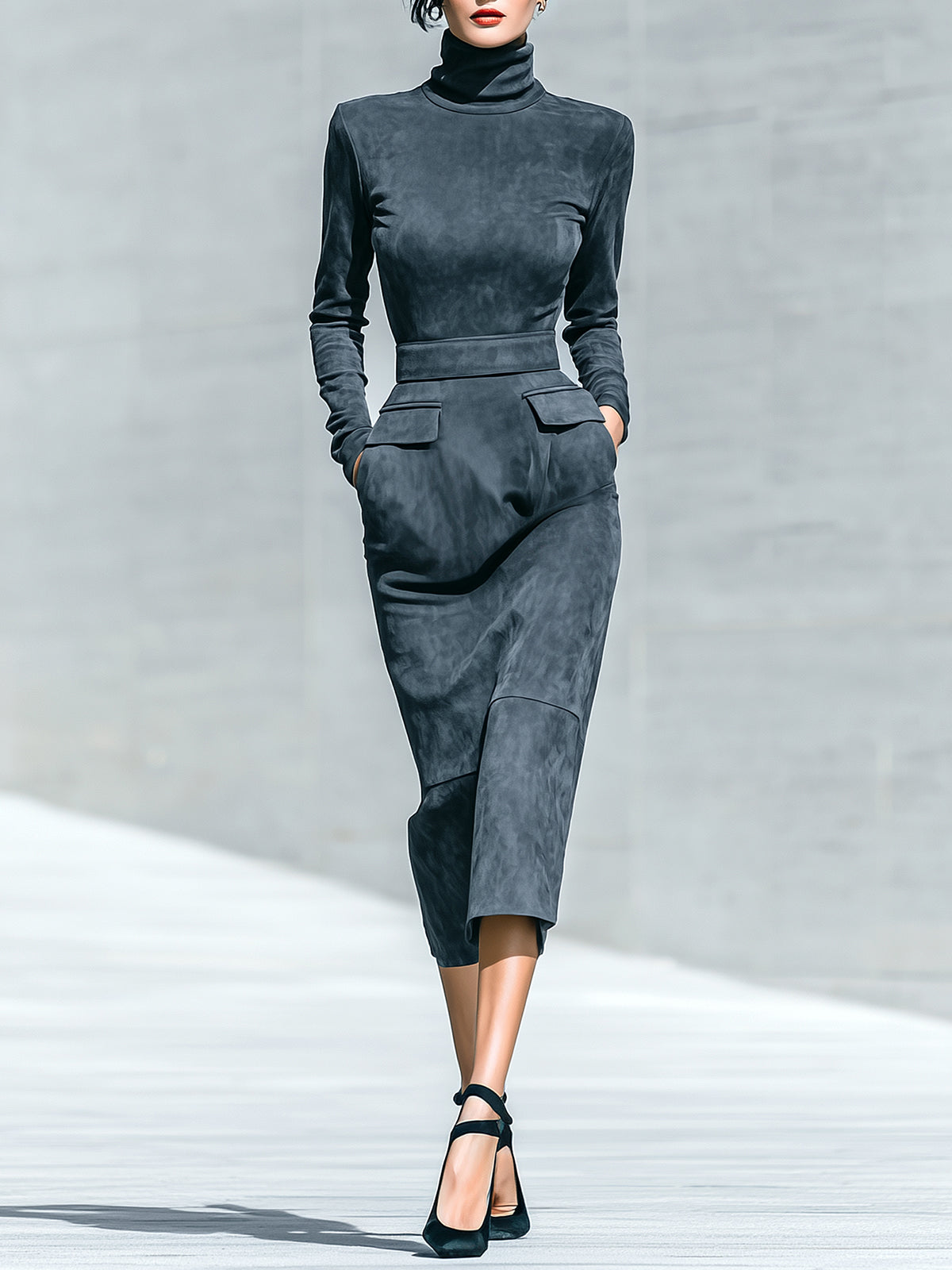 ElevenOra Elegant Vintage Faux Suede Turtleneck Tailored Waist Long-Sleeved Midi Dress