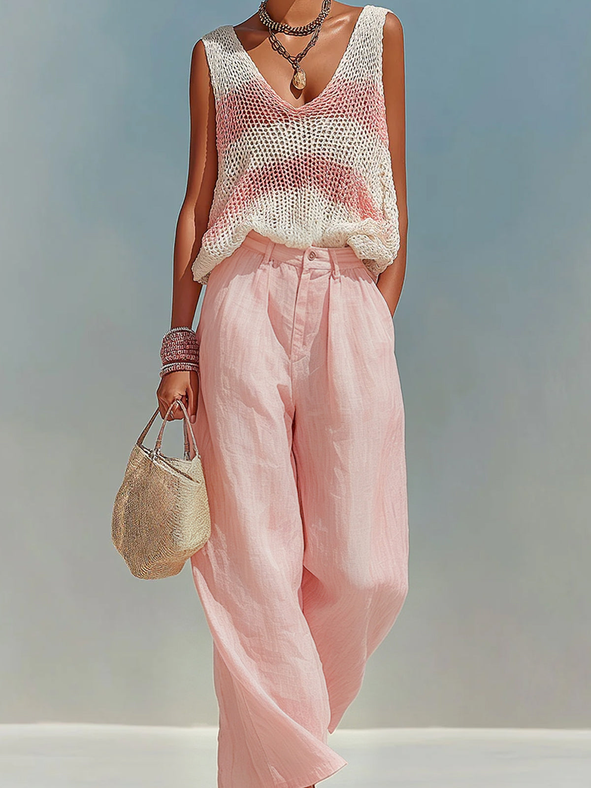 ElevenOra Chic Elegant Pink-White Stripes V-Neck Sleeveless Loose-Fit Knit Tank Top Pink Satin Pants Two-Piece Set
