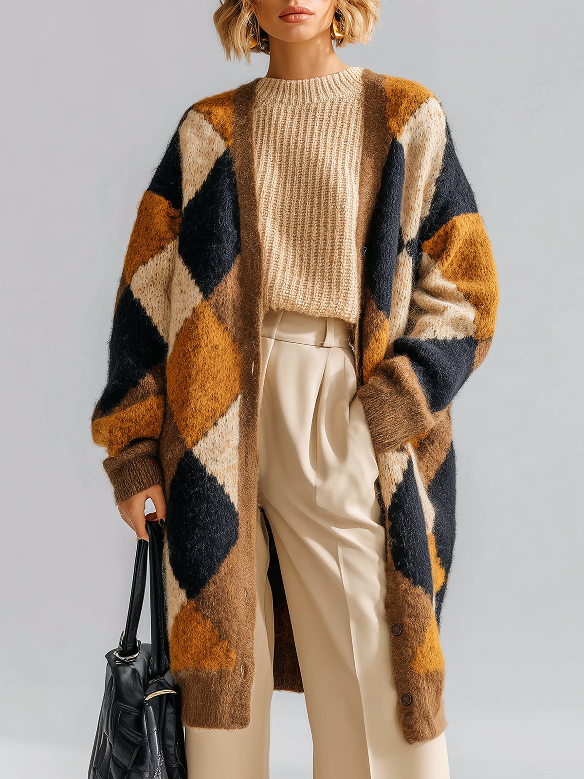ElevenOra Chic Vintage Contrast Argyle Pattern Oversized Long Sleeve Mid-Length Knit Cardigan