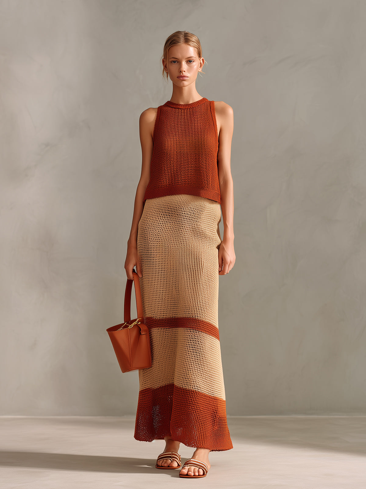 ElevenOra Chic Elegant Caramel-Beige Colorblock Round Neck Sleeveless Vest A-Line Maxi Skirt Knit Two-Piece Set