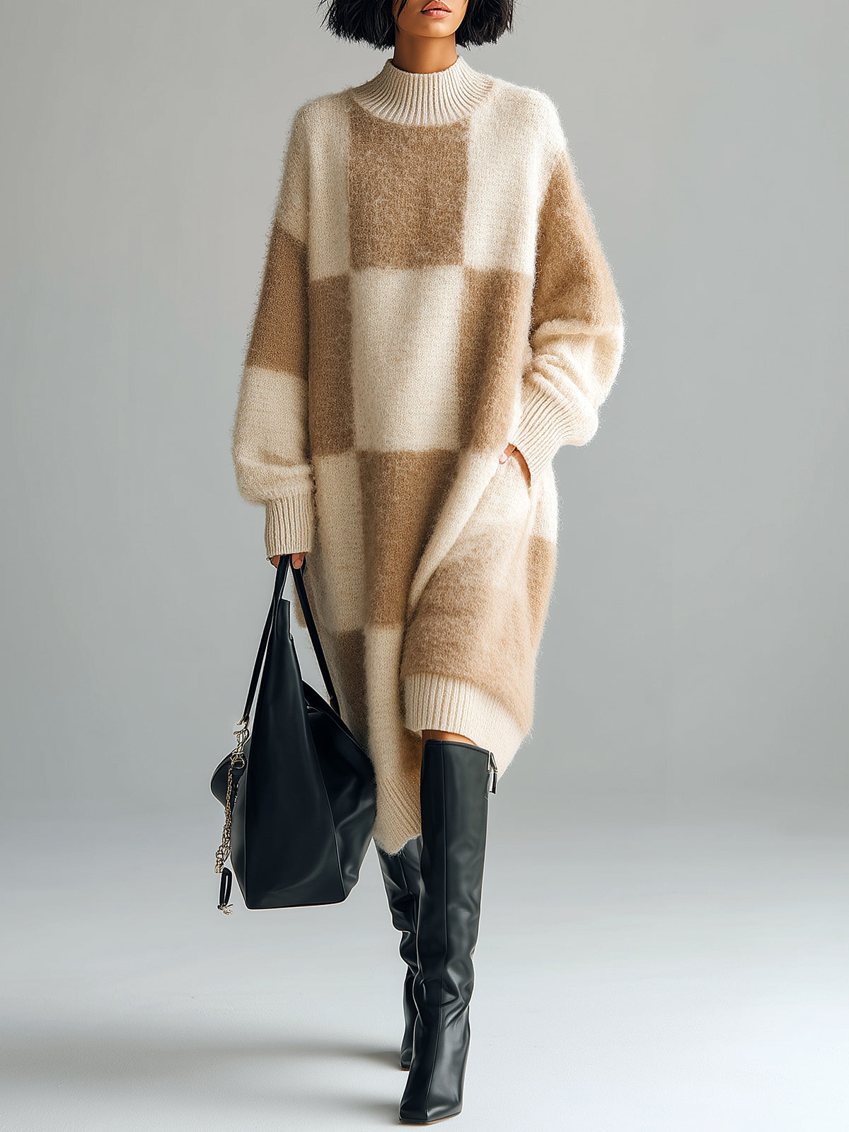 ElevenOra Chic Elegant Contrast Checkerboard Round Neck Oversized Long-sleeved Knitted Midi Dress