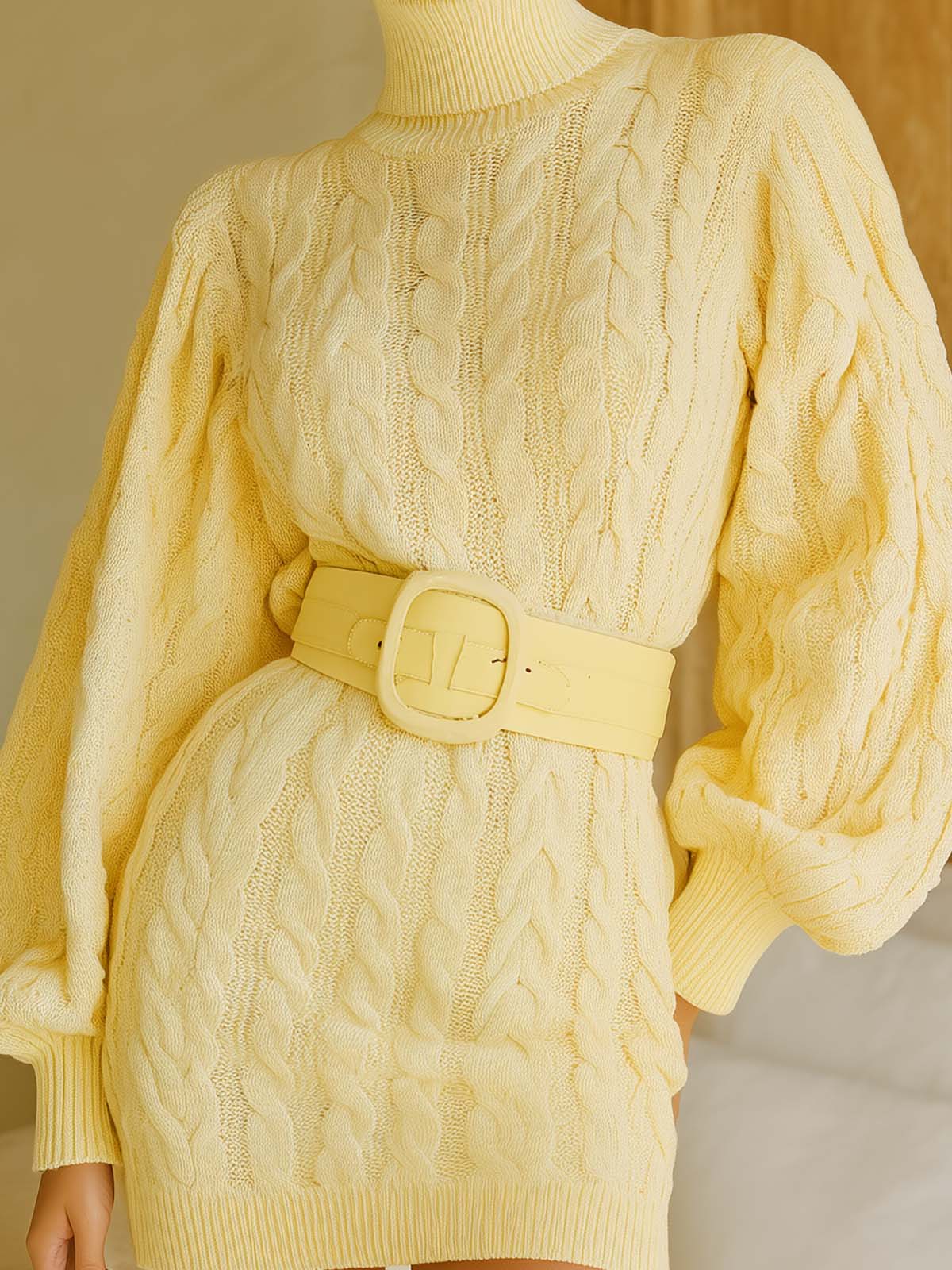 ElevenOra Chic Elegant Light Yellow High-Neck Fitted Belted Long-Sleeve Cable Knit Mini Dress