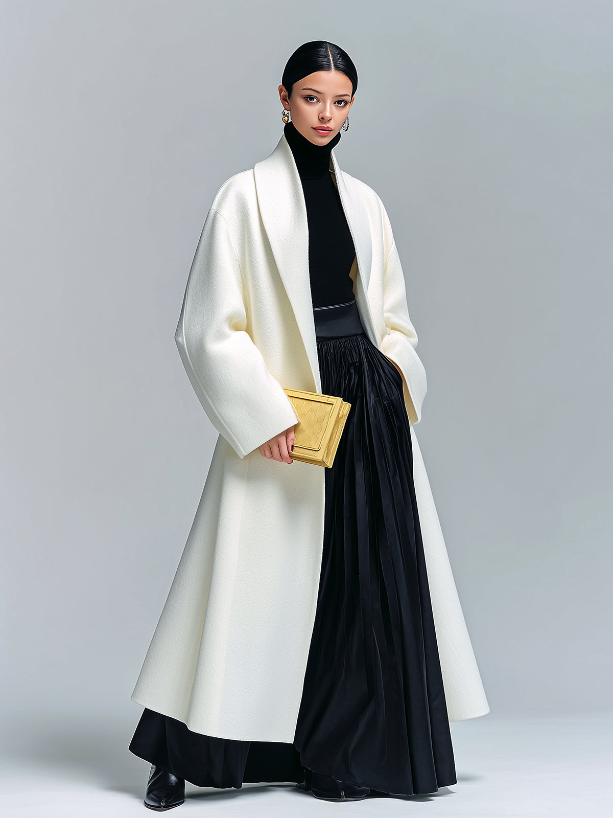 ElevenOra Vintage Elegant Cream White Wool Blend Shawl Lapel Slouchy Maxi-Length Vintage Coat