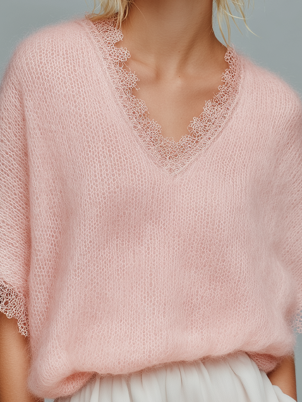 ElevenOra Chic Casual Pink Lace Trim Detail V-Neck Short-Sleeve Loose Soft Knit Sweater