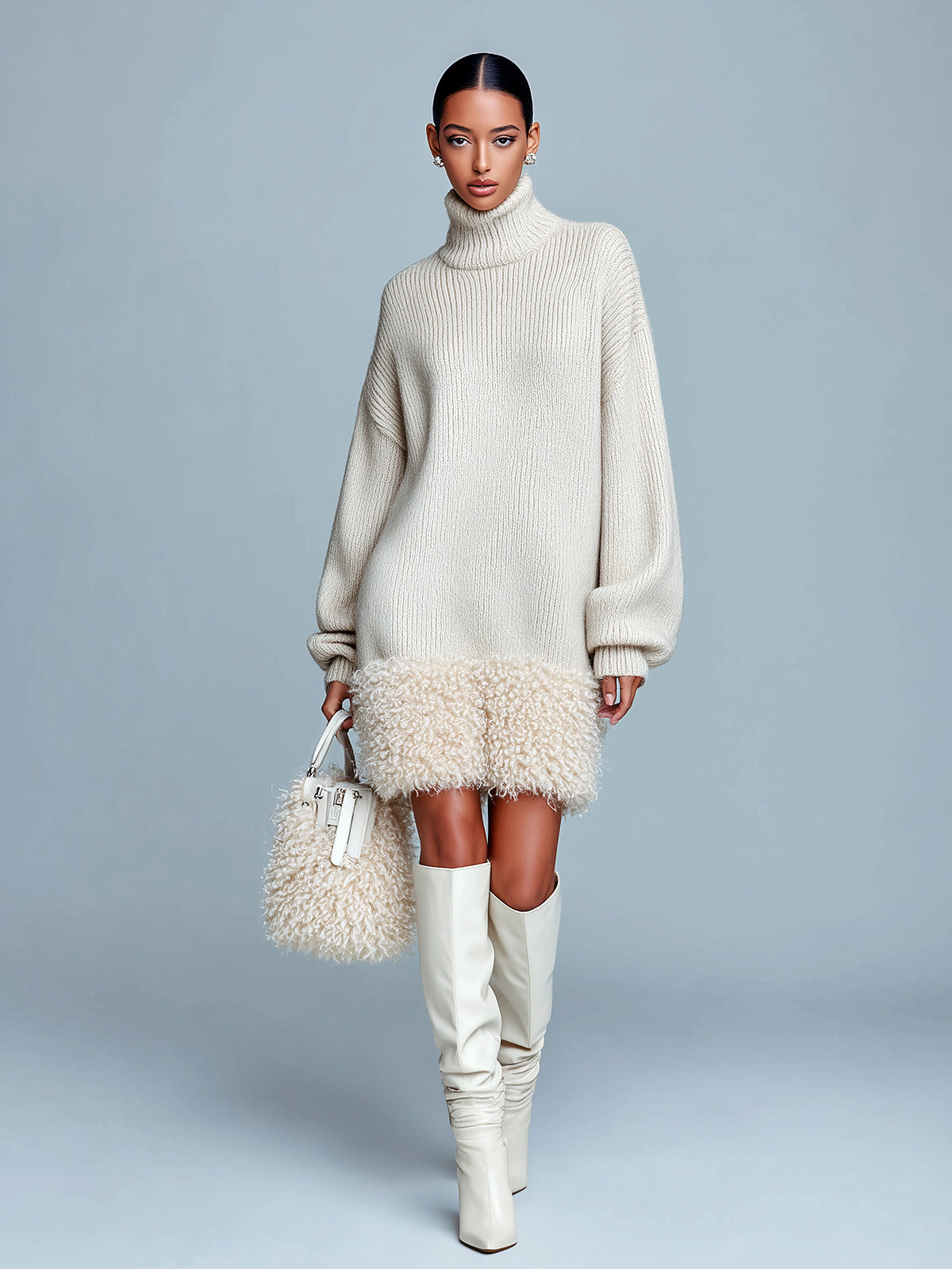 ElevenOra Chic Elegant Beige Turtleneck Long Sleeve Oversized Spliced Faux Lambswool Knit Mini Dress