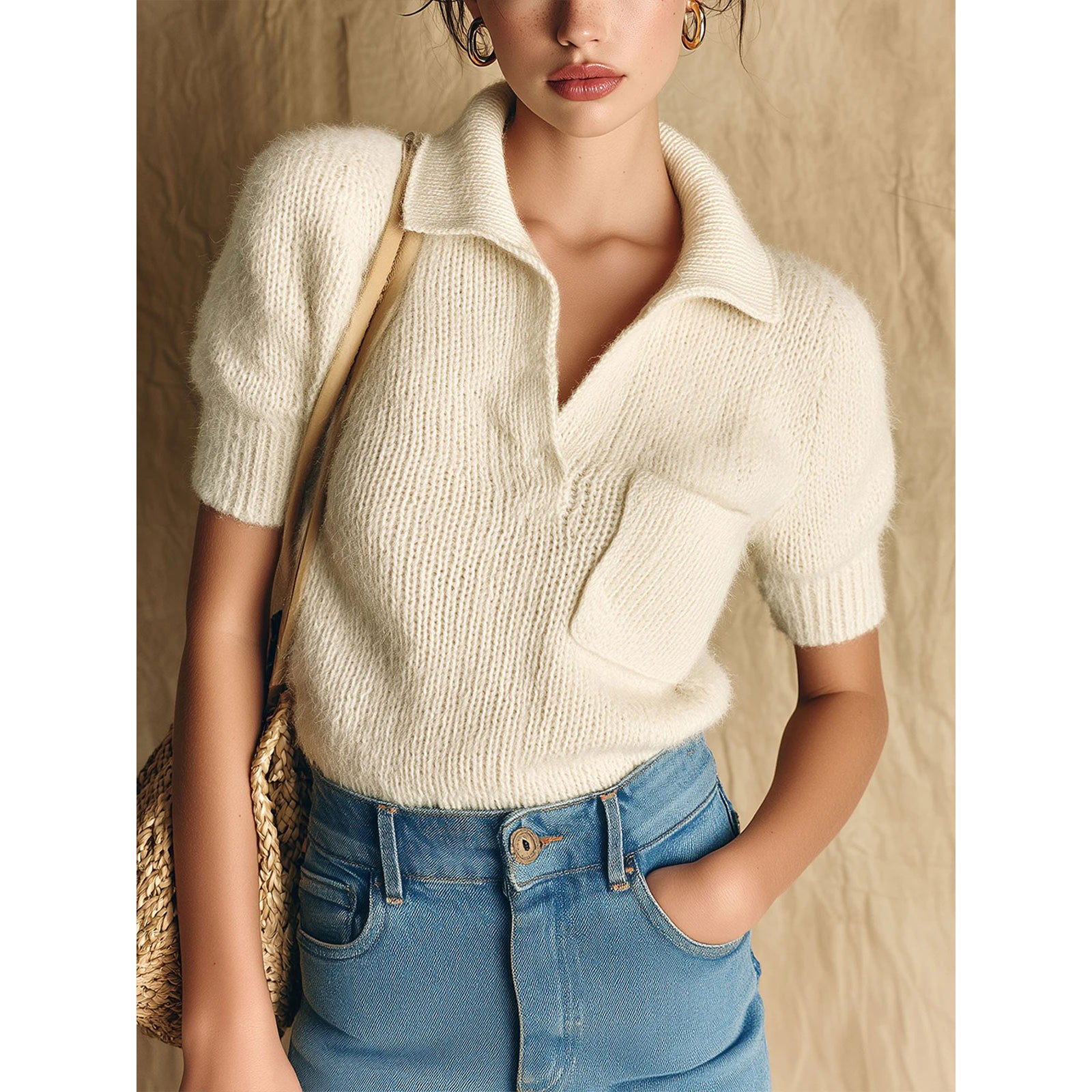ElevenOra Chic Vintage Cream White Polo Collar Short-Sleeve Patch Pocket Fit Fuzzy Knit Sweater