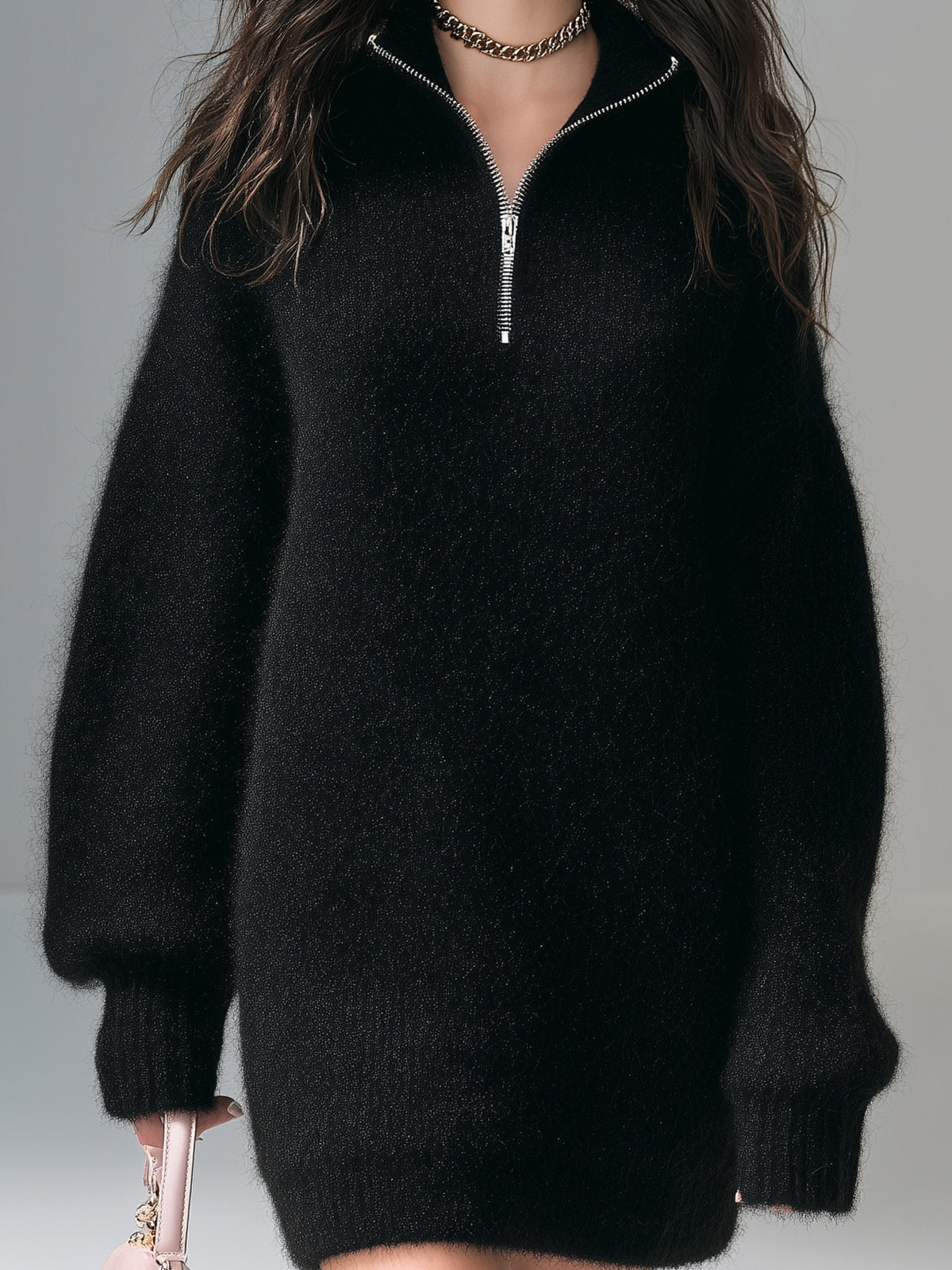 ElevenOra Chic Casual Black Stand Collar Zipper-Front Long Lantern Sleeve Oversized Fuzzy Knit Warm Mini Dress