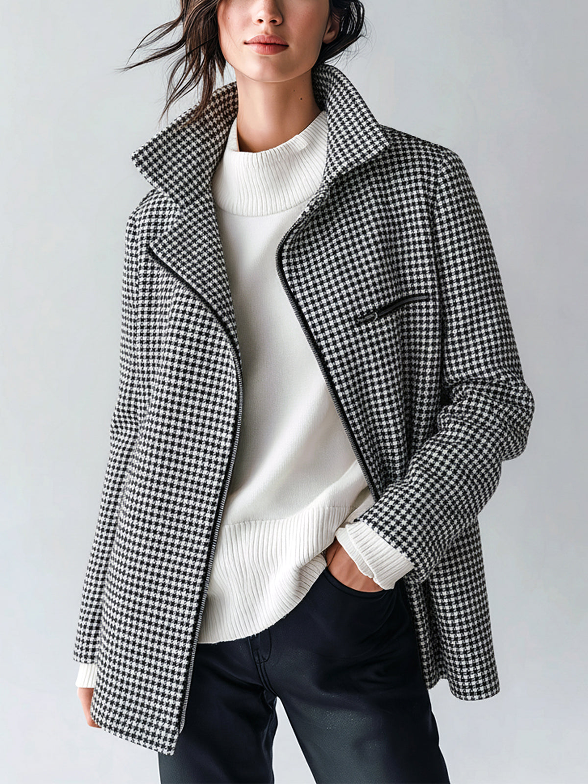 ElevenOra Chic Vintage Houndstooth Lapel Asymmetric Zip Mid-Length Warm Coat