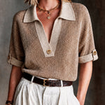 ElevenOra Chic Casual Beige-Camel Colorblock Polo-Neck Button Details Half Sleeve Loose-Fit Knit Sweater
