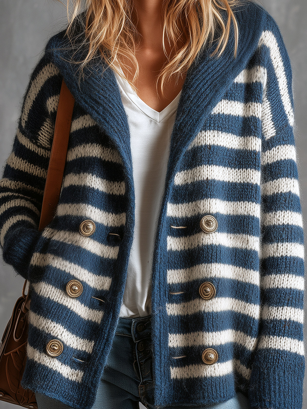 ElevenOra Chic Elegant Navy Blue-White Pinstripe Shawl-Collar Long-Sleeve Double-Breasted Loose-Fit Wool Blend Knit Cardigan