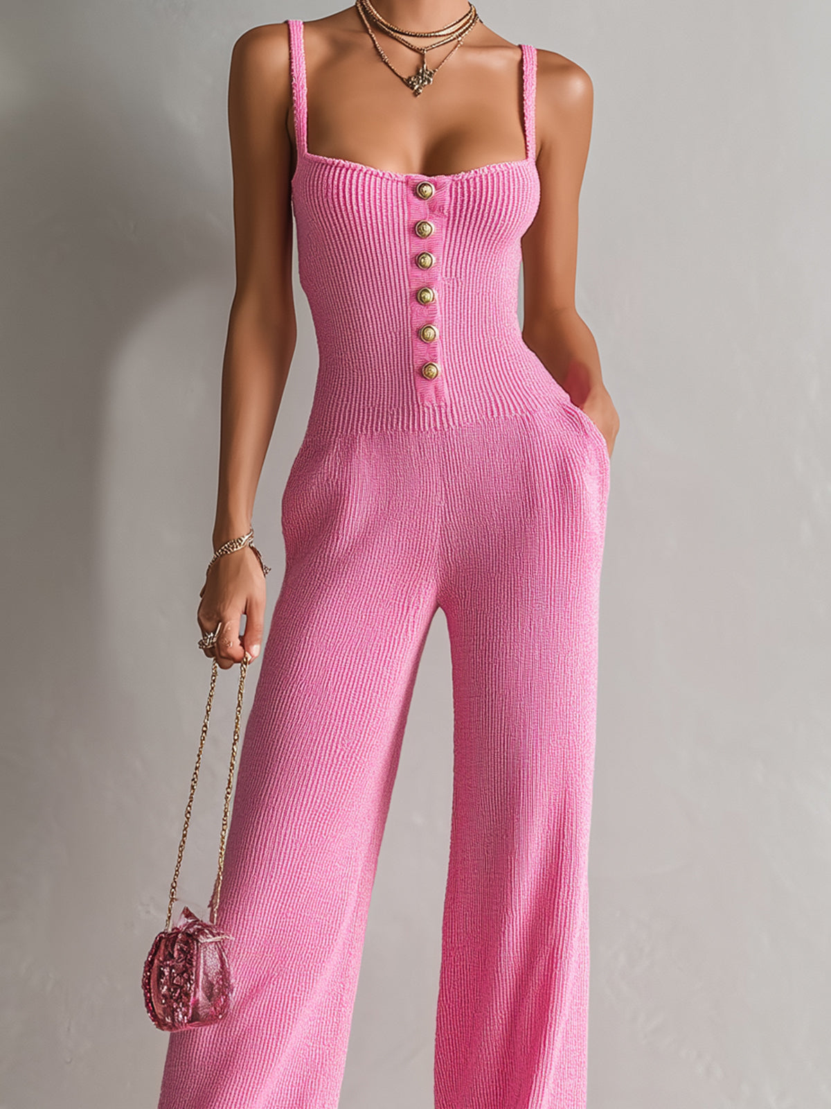 ElevenOra Chic Elegant Hot Pink Square-Neck Sleeveless Gold Button Details Slim-Fit Wide-Leg Ribbed Knit Jumpsuit