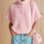 ElevenOra Chic Vintage Pink Stand Collar Button-Front Short-Sleeve Fuzzy Knit Sweater Top