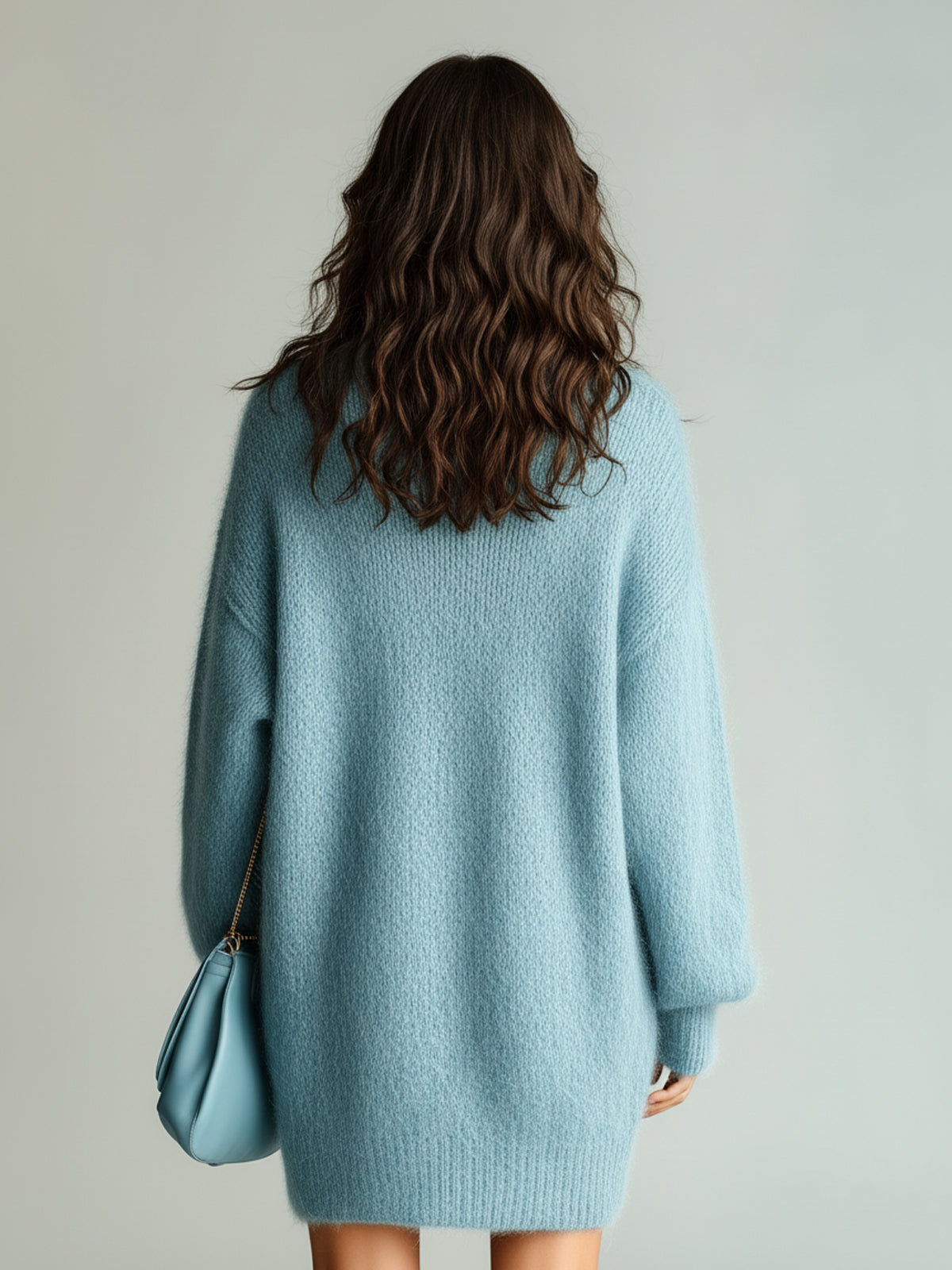 ElevenOra Chic Casual Blue Stand Collar Zipper-Front Long Sleeve Oversized Fuzzy Knit Mini Dress