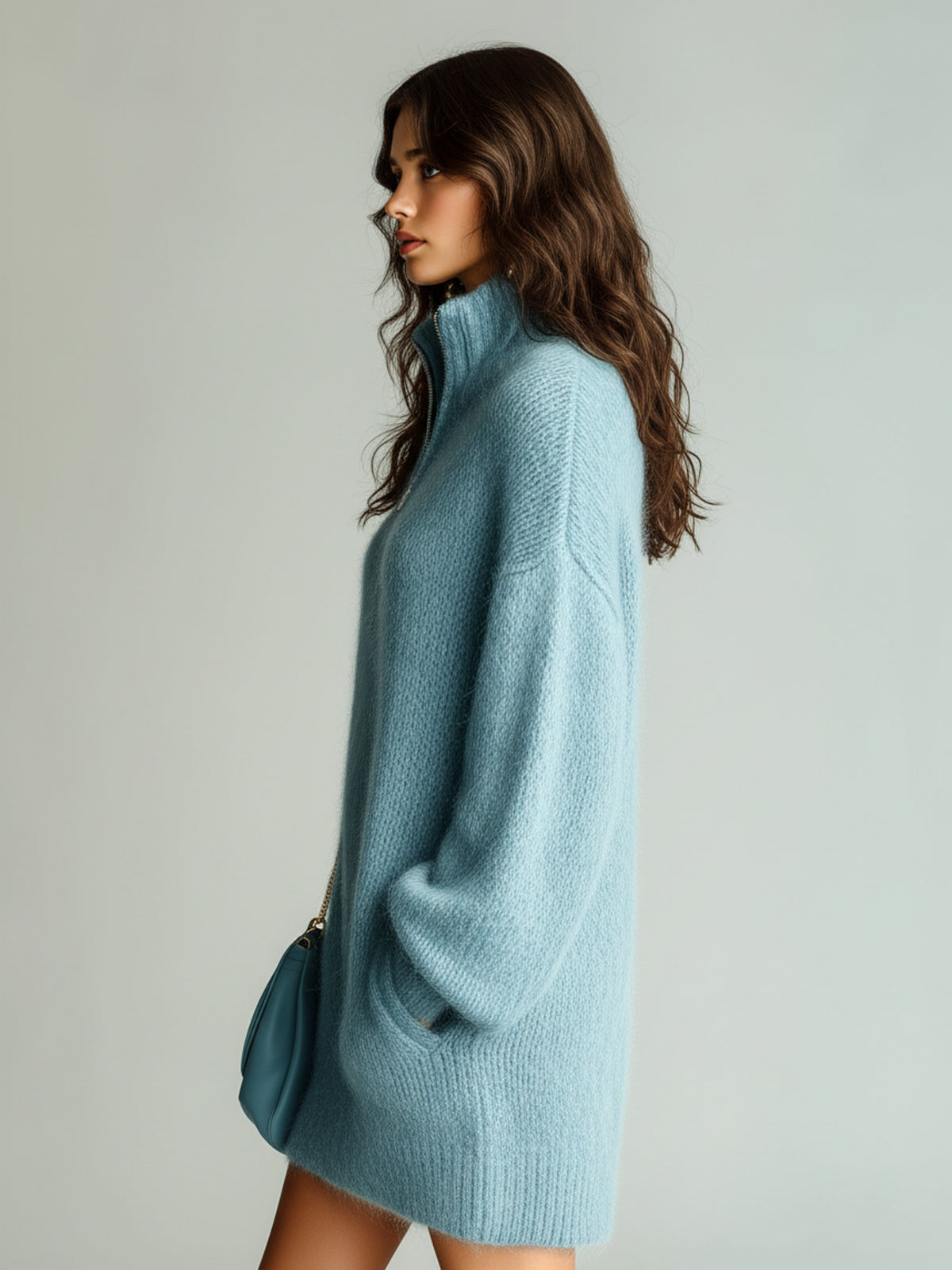 ElevenOra Chic Casual Blue Stand Collar Zipper-Front Long Sleeve Oversized Fuzzy Knit Mini Dress