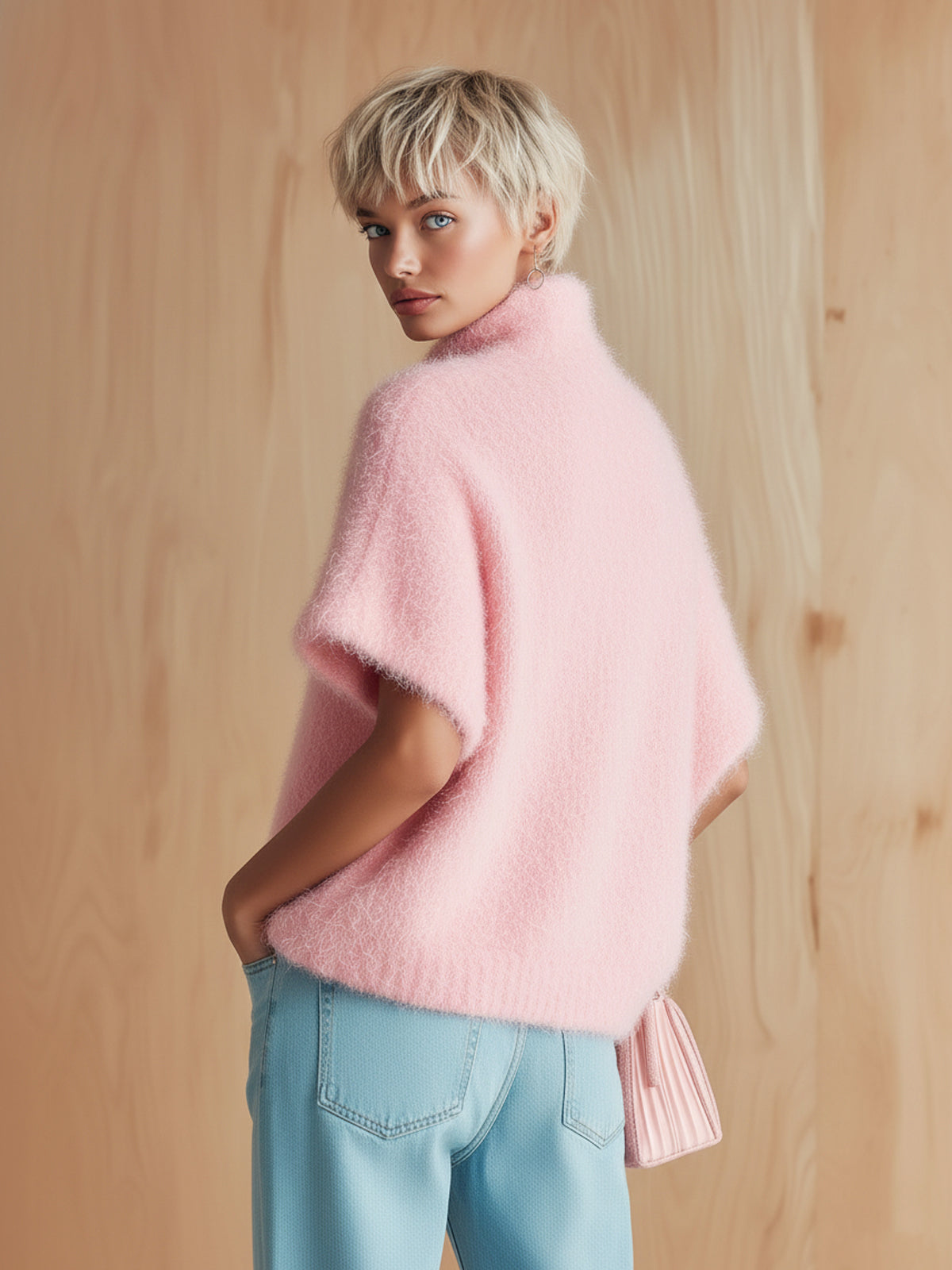 ElevenOra Chic Vintage Pink Stand Collar Button-Front Short-Sleeve Fuzzy Knit Sweater Top