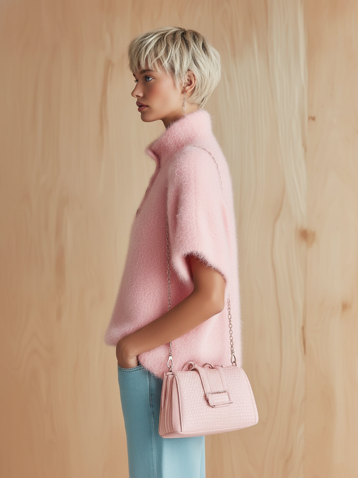 ElevenOra Chic Vintage Pink Stand Collar Button-Front Short-Sleeve Fuzzy Knit Sweater Top