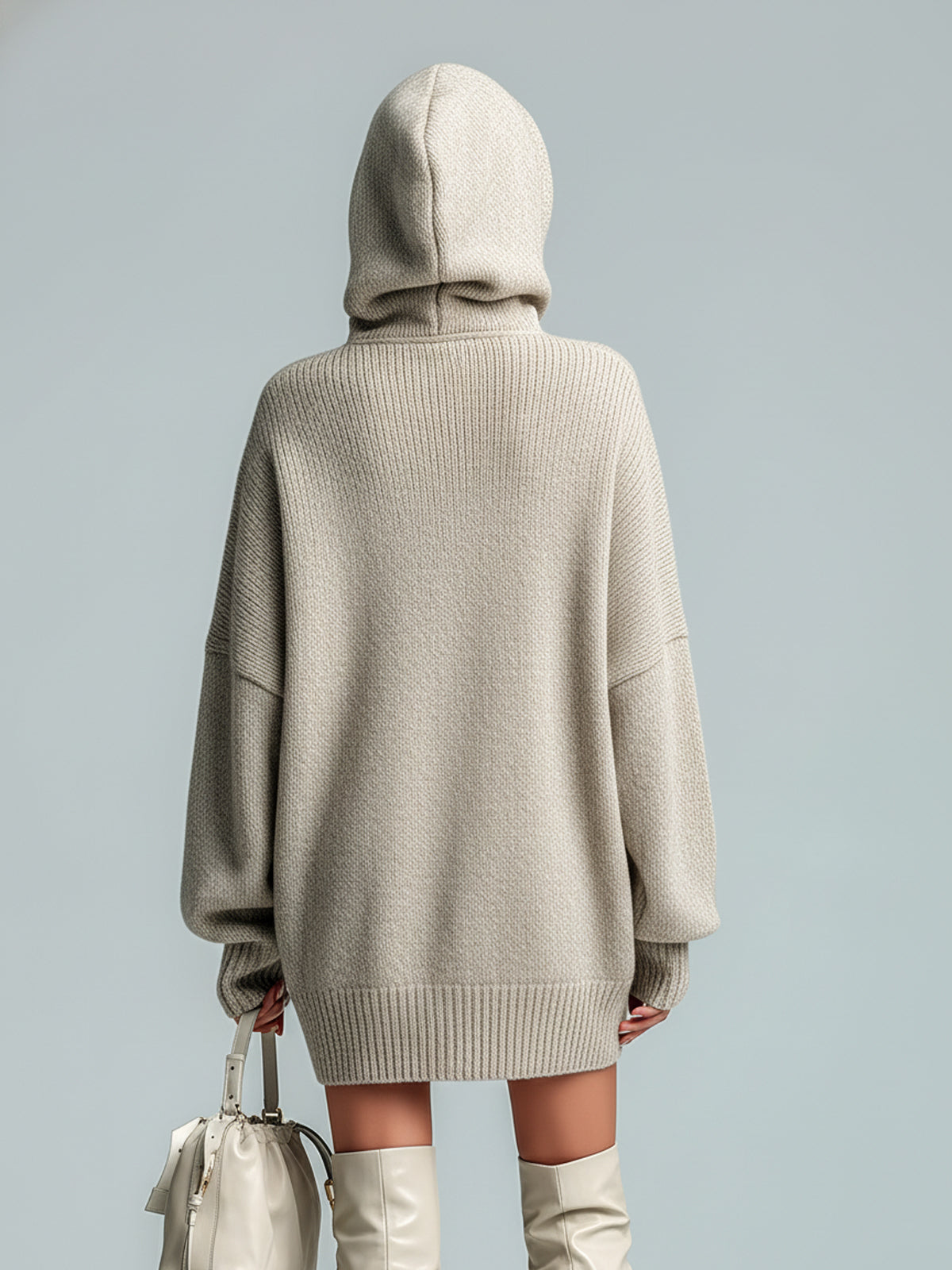 ElevenOra Chic Casual Beige Hooded Drawstring Oversized Long-Sleeve Knit Mini Dress