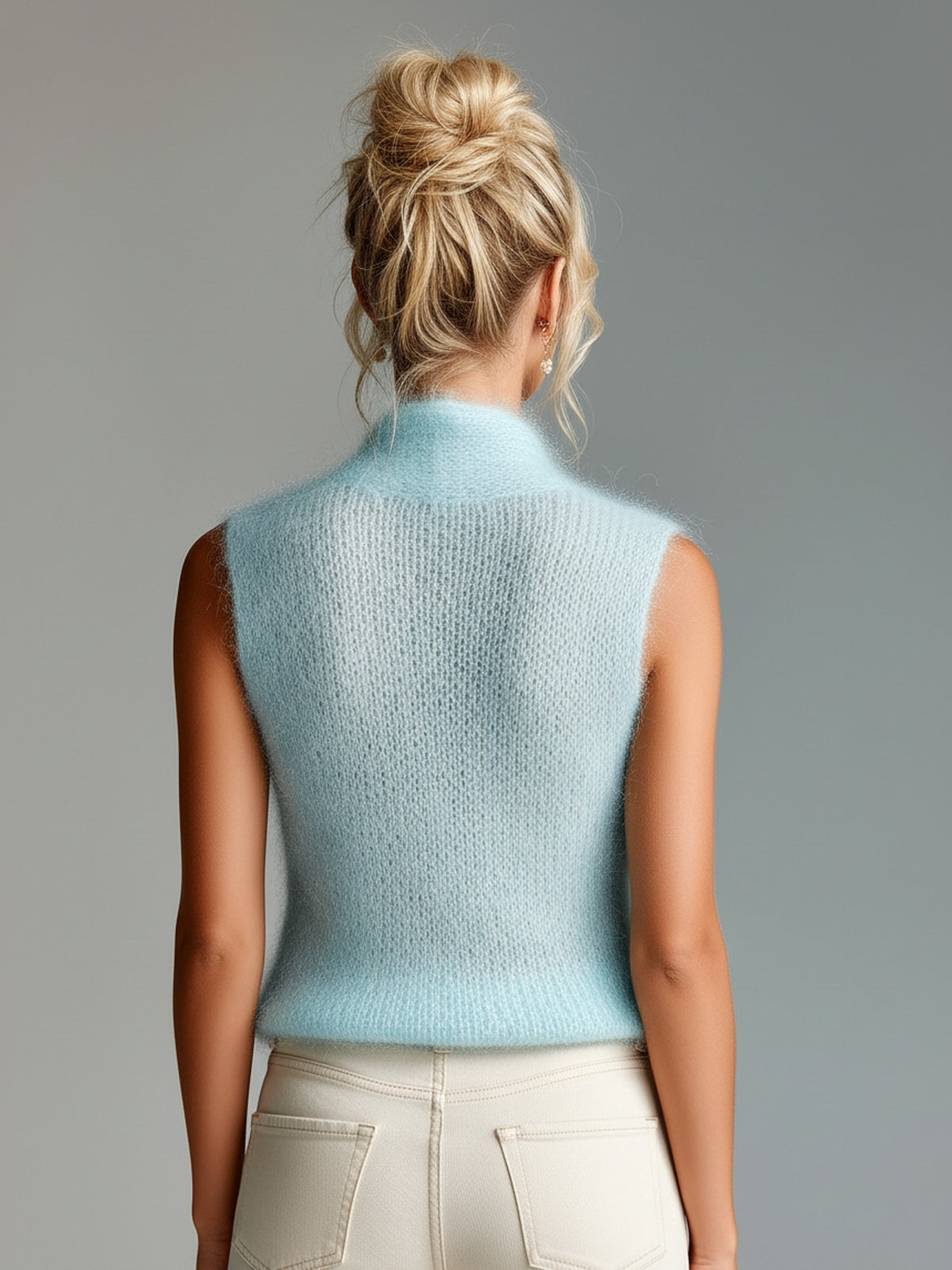 ElevenOra Chic Elegant Light Blue Stand Collar V-Neck Button Detail Slim-Fit Mohair Knit Vest