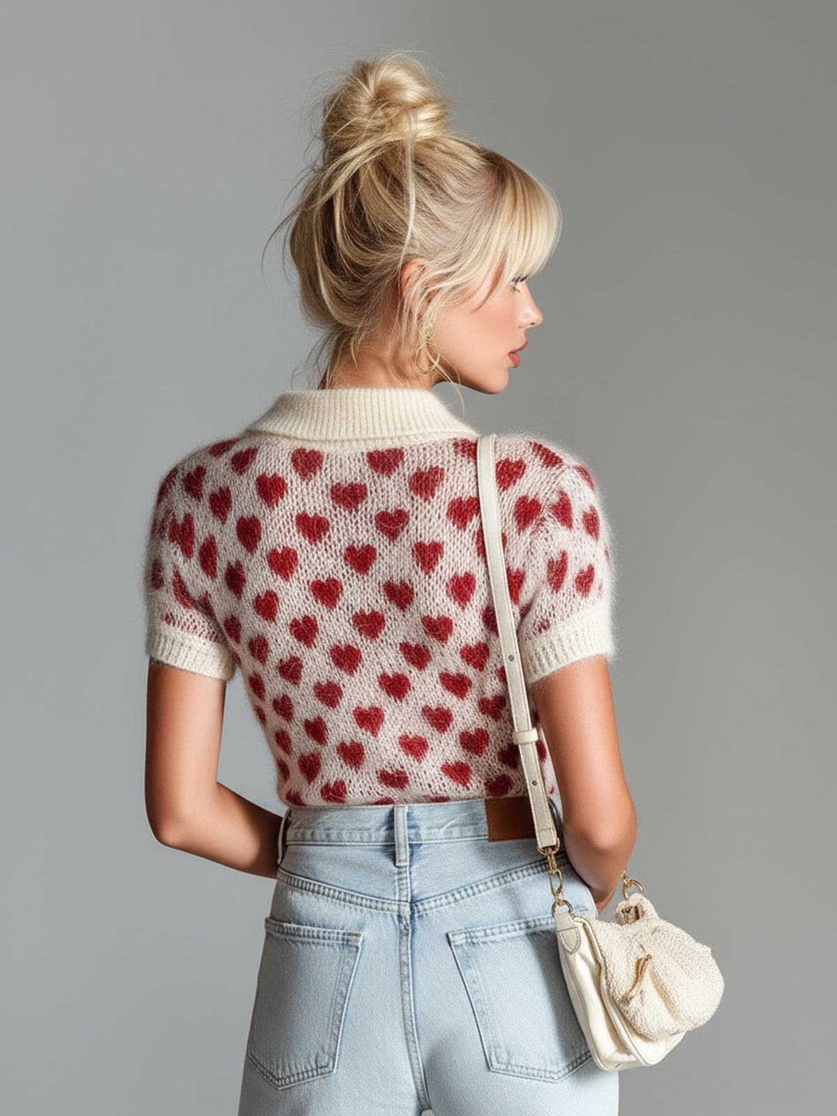 ElevenOra Chic Elegant Red Beige Heart Pattern Lapel V-Neck Short-Sleeve Slim-Fit Knit Sweater Top