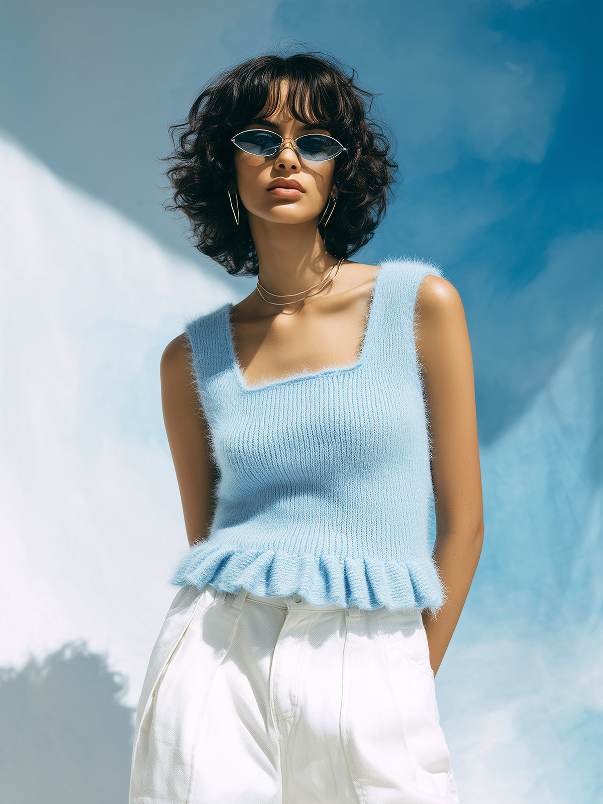 ElevenOra Chic Casual Blue Square Neck Sleeveless Pleated Hem Slim-Fit Ribbed Fuzzy Knit Tank Top