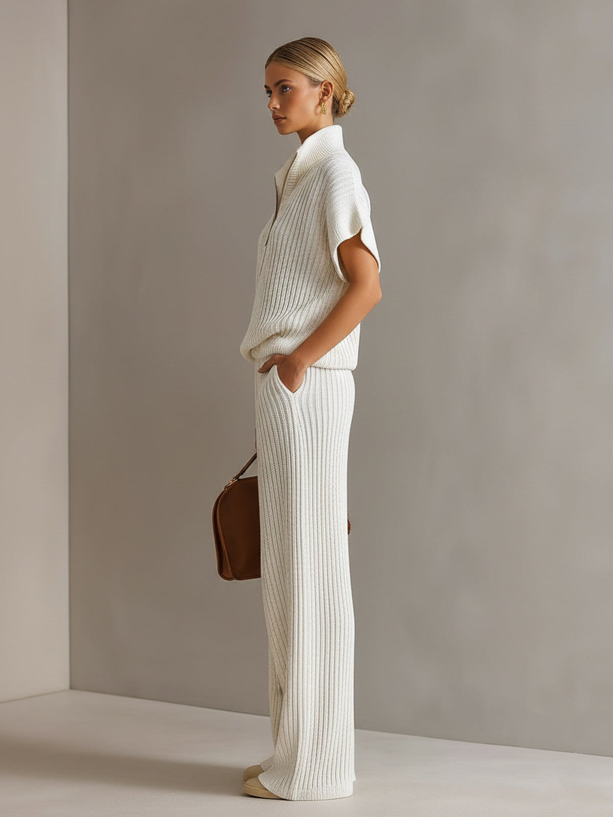 ElevenOra Chic Elegant Cream White Zipper-Up Stand Collar Oversize Short-Sleeve Sweater  Wide-Leg Pants Ribbed Knit Two-Piece Set