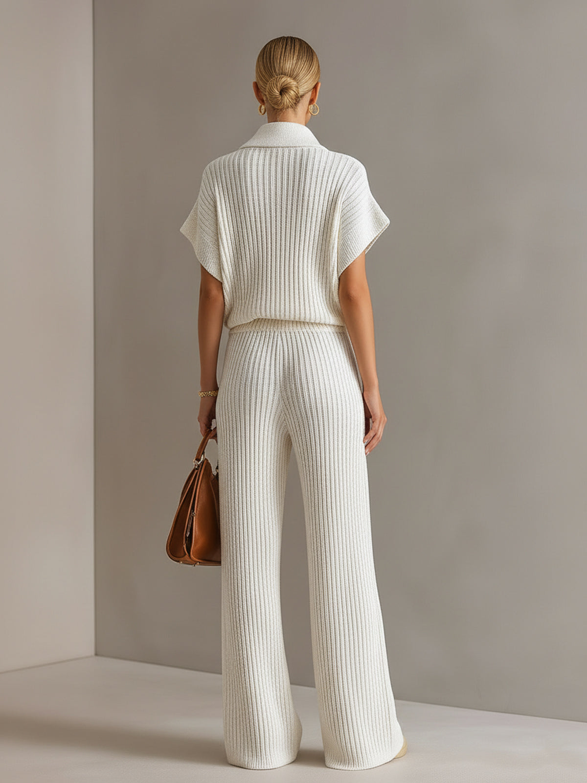ElevenOra Chic Elegant Cream White Zipper-Up Stand Collar Oversize Short-Sleeve Sweater  Wide-Leg Pants Ribbed Knit Two-Piece Set