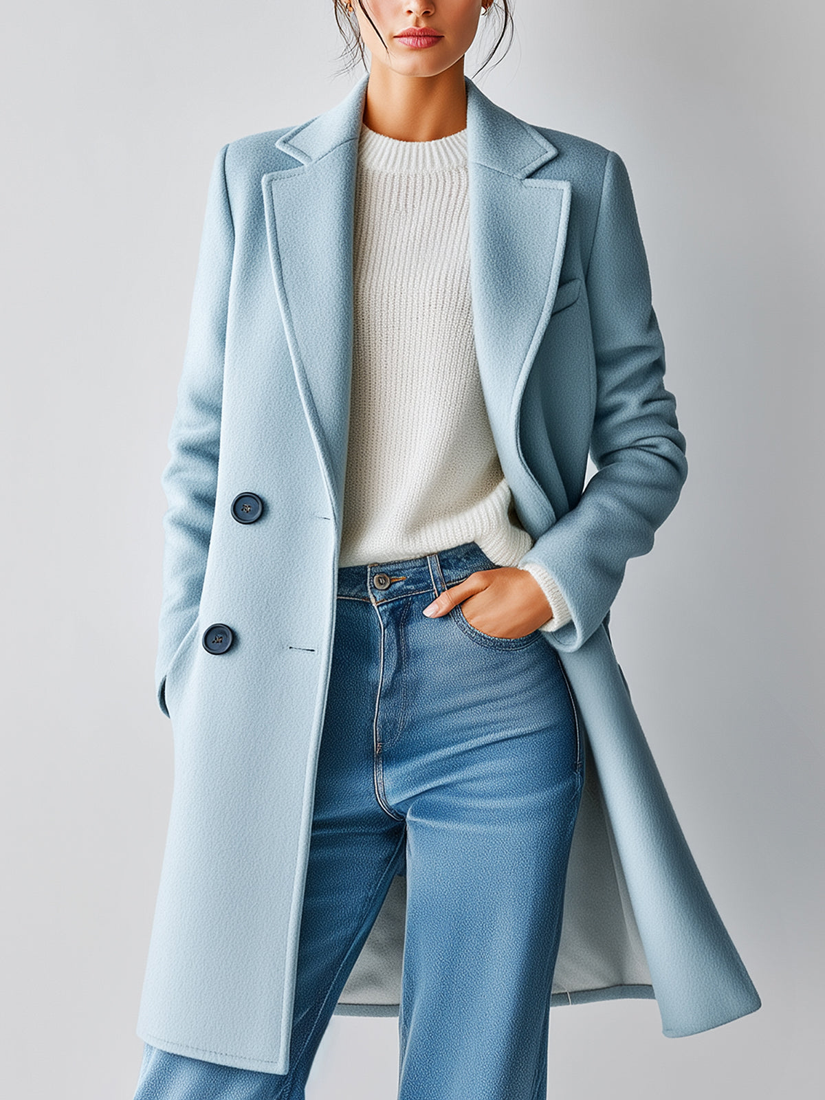 ElevenOra Elegant Vintage Light Blue Wool Blend Lapel Double-Breasted Mid-Length Warm Coat