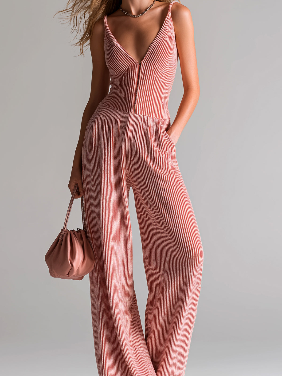ElevenOra Chic Casual Red-White Stripes V-Neck Zipper-Front Sleeveless Tailored Waist Wide-Leg Knit Jumpsuit