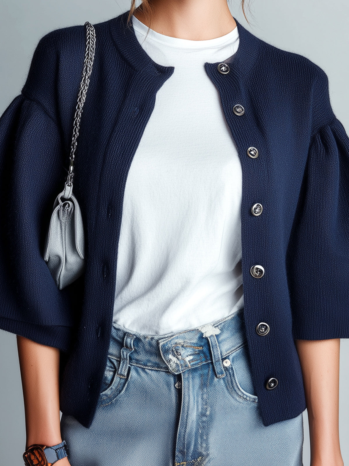 ElevenOra Chic Casual Navy Blue Round Neck Half Flare Sleeve Single-Breasted Loose-Fit Knit Cardigan