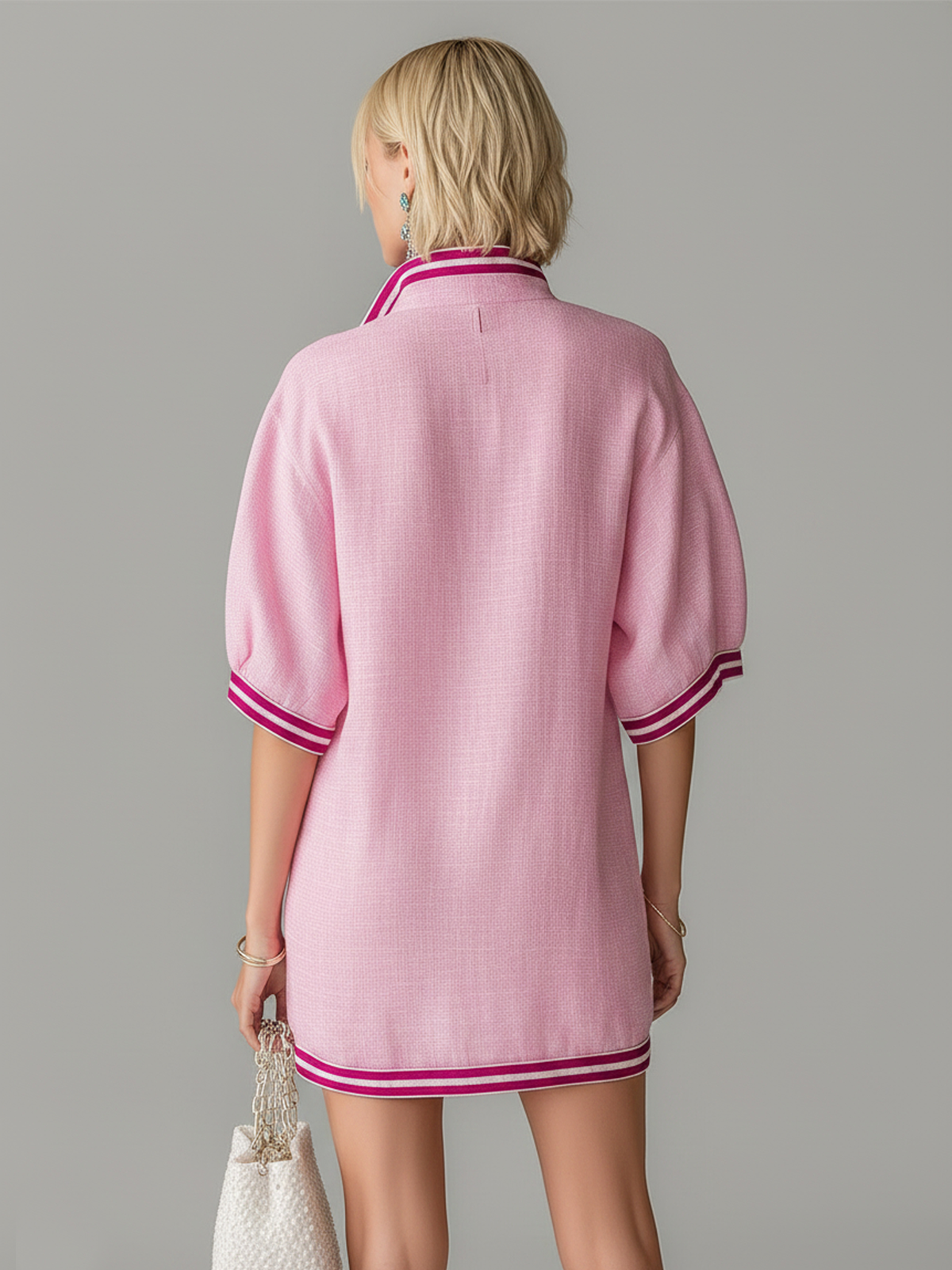 ElevenOra Chic Casual Pink Colorblock  Stand-Collar Zipper-Front Short-Sleeve Loose-Fit Cotton-Linen Blend  Mini Dress