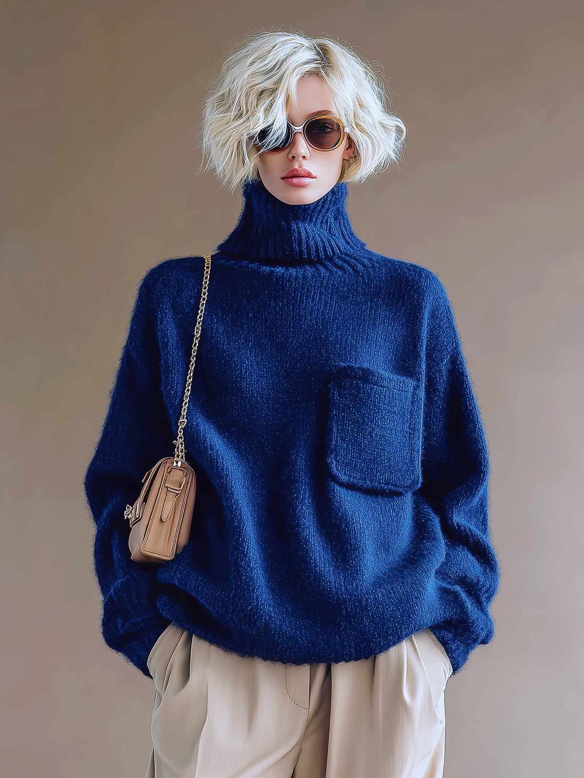 ElevenOra Chic Casual Royal Blue Turtleneck Patch Pocket Long-Sleeve Oversized Knit Sweater Top