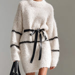 ElevenOra Chic Casual Cream White Striped Round Neck Long Sleeve Belted Oversized Fuzzy Knit Mini Dress