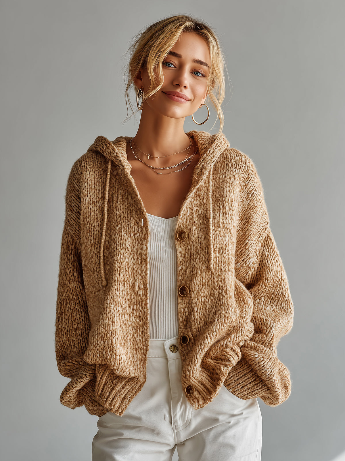 ElevenOra Chic  Casual Camel Hooded Wooden Button Slouchy Chunky Knit Cardigan