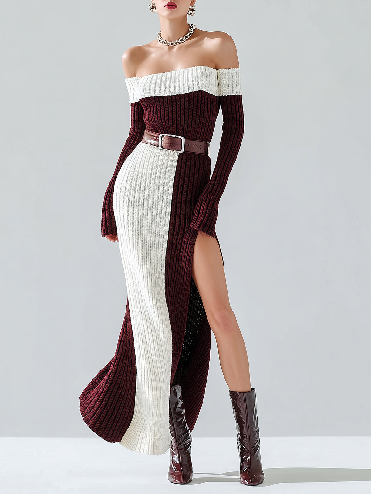 ElevenOra Chic Vintage Contrast Off The Shoulder Belted Long Sleeve Side Slit Knit Bodycon Maxi Dress
