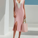 ElevenOra Chic Elegant Pink-White Colorblock V-Neck Sleeveless Loose-Fit Slit Hem Knit Midi Dress