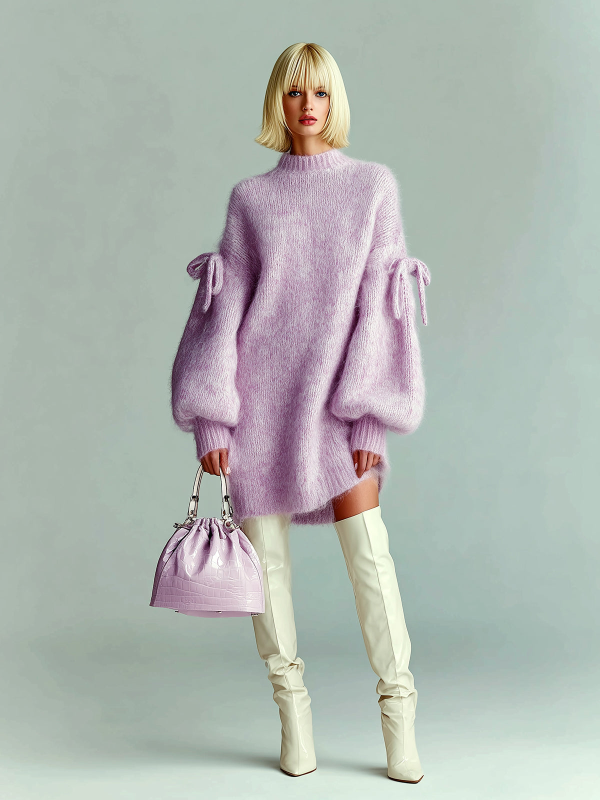 ElevenOra Chic Casual Lavender Round Neck Lantern Sleeve Bow-Embellished Oversized Fuzzy Knit Midi Dress