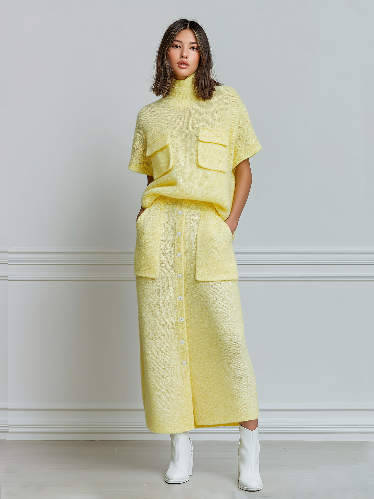 ElevenOra Chic Casual Yellow Turtleneck Oversized Short Sleeve Sweater Patch Pocket Elastic Waist Maxi Skirt Button Knit Two-Piece Set