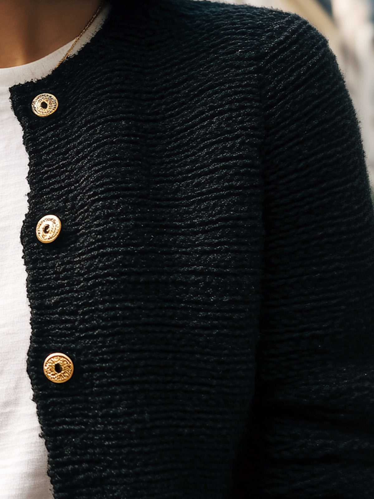 ElevenOra Chic Basic Black Crew Neck Gold Button Cropped Knit Cardigan