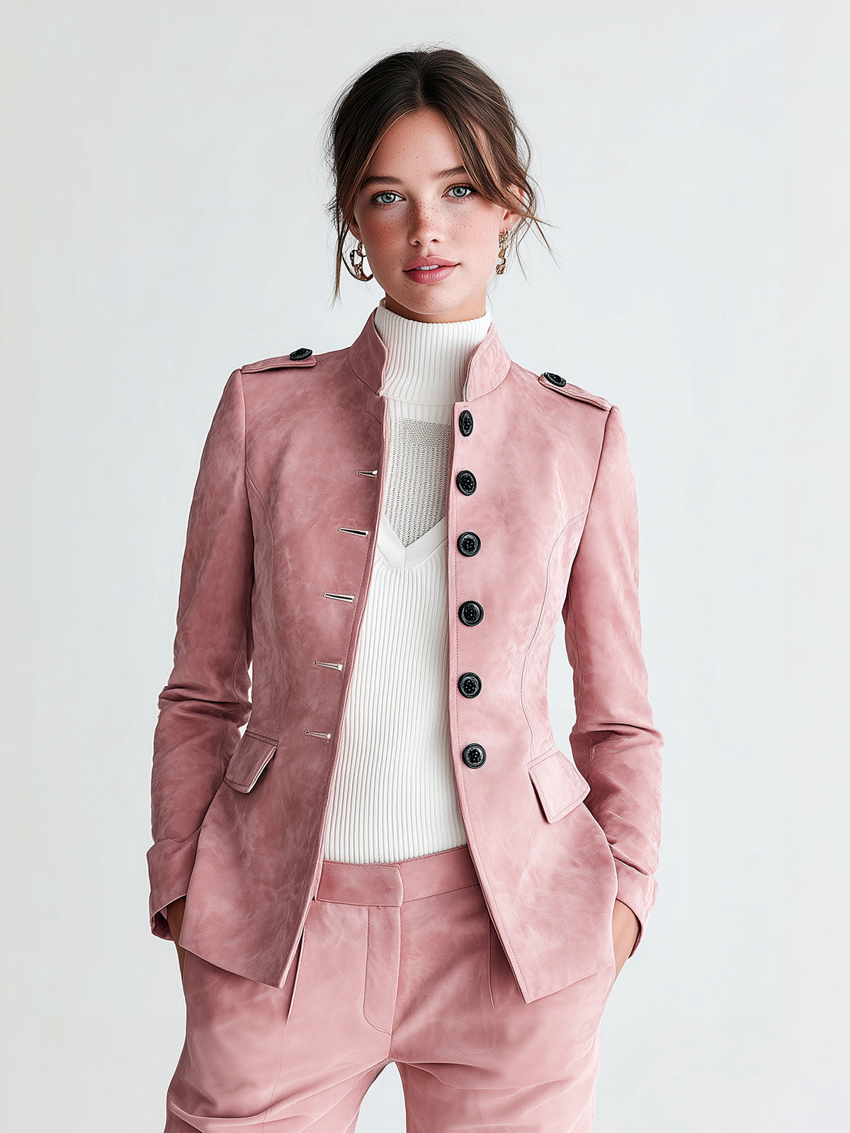 ElevenOra Sophisticated Office Faux Suede Stand Collar Button-Front Epaulet Slim-Fit Blazer