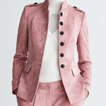 ElevenOra Sophisticated Office Faux Suede Stand Collar Button-Front Epaulet Slim-Fit Blazer