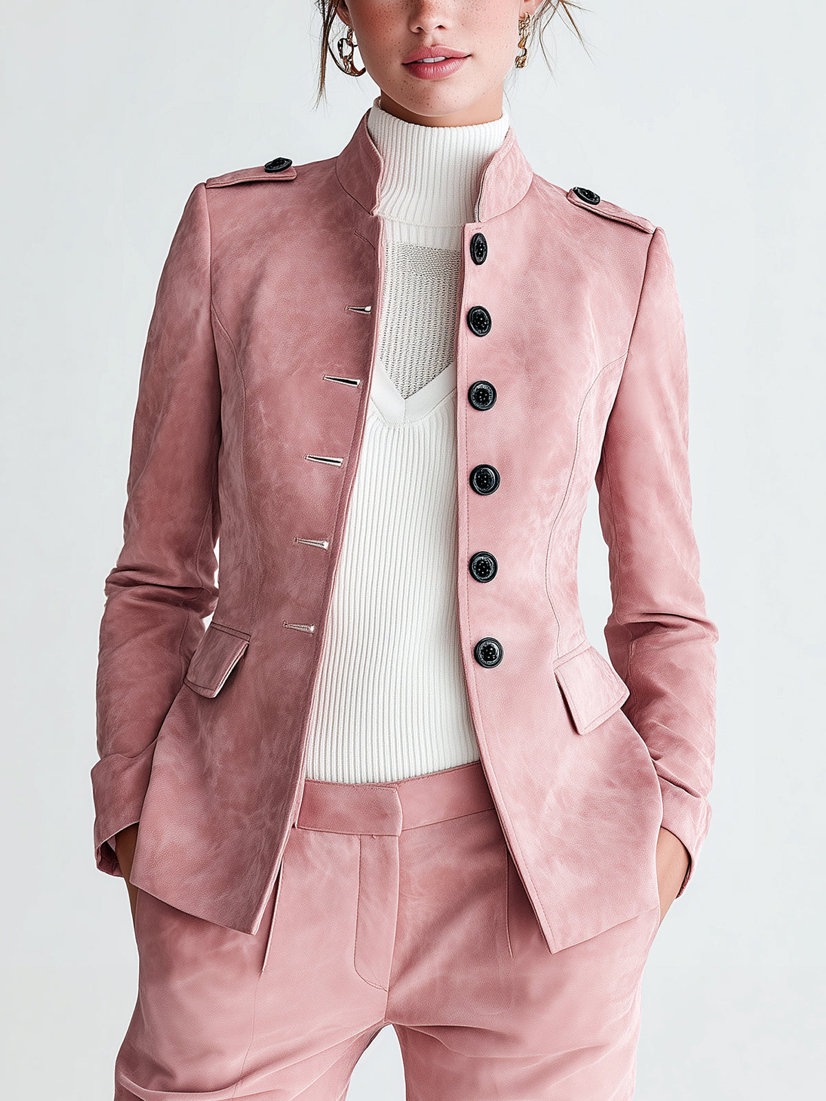 ElevenOra Sophisticated Office Faux Suede Stand Collar Button-Front Epaulet Slim-Fit Blazer