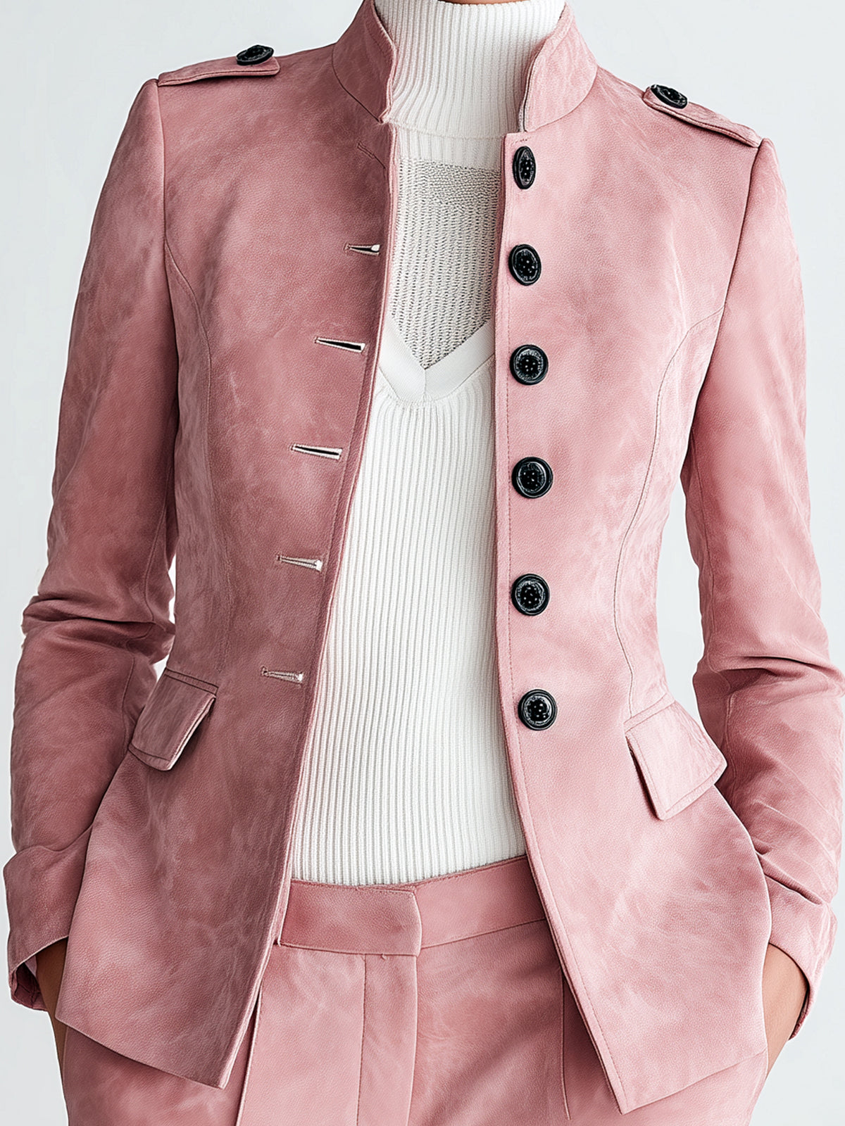 ElevenOra Sophisticated Office Faux Suede Stand Collar Button-Front Epaulet Slim-Fit Blazer