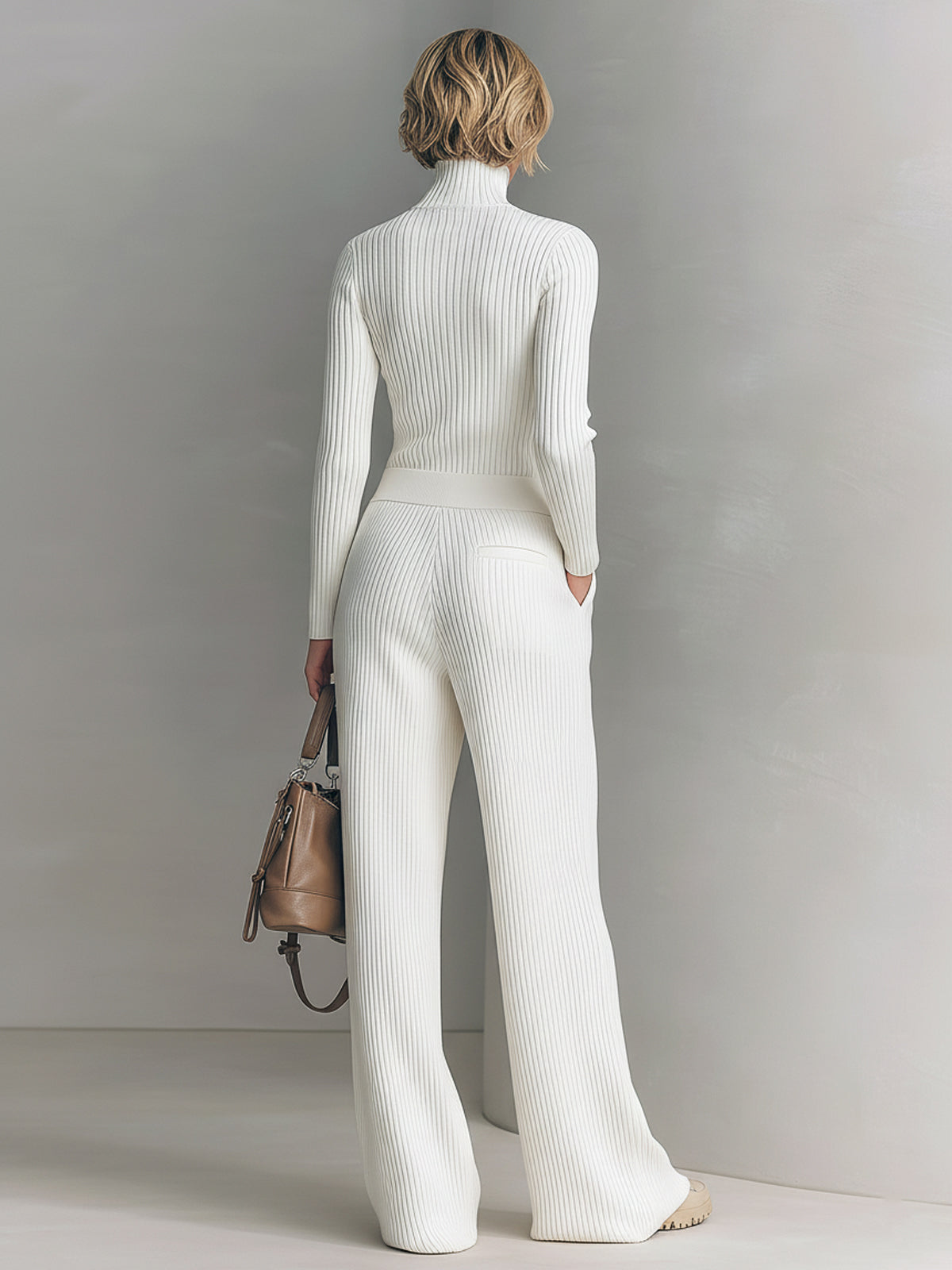 ElevenOra Chic Elegant Zip-up Mock Neck Slim-Fit Sweater Elastic Waist Wide-Leg Pants Knit Two-Piece Set