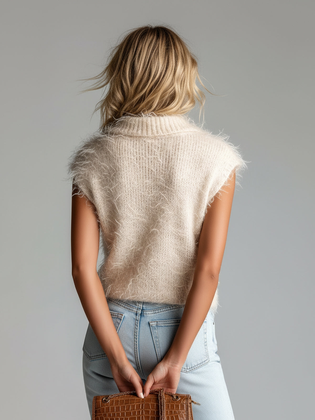 ElevenOra Chic Casual Beige Lapel Collar Sleeveless Loose-Fit Fuzzy Knit Vest Top