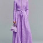 ElevenOra Chic Elegant Lavender Zip-Up Stand Collar Long-Sleeve Tailored Tie-Waist A-Line Knit Maxi Dress